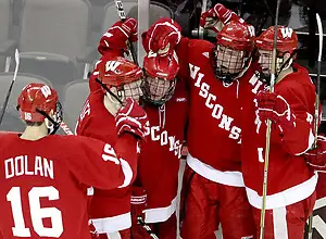 Photo By: Michelle Bishop Wisconsin celebrates Jake Gardiner's goal during the first period. No. 16 UNO beat No. 7 Wisconsin 4-3 Saturday night at Qwest Center Omaha. (Photo by Michelle Bishop) (Michelle Bishop)