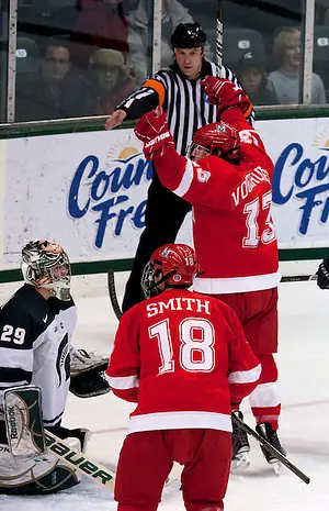 Photo By: Erica Treais Miami's Trent Vogelhuber celebrates after putting in the first goal of the game. Miami beat Michigan State 4-0. (Erica Treais)