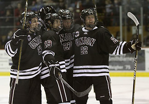 Photo By: Union Athletics Union celebrates a goal against Rensselaer. (Union Athletics)