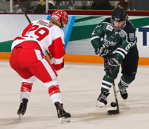 Kaleigh Chippy of Mercyhurst advances on Boston University's Marie-Philip Poulin. Kaleigh Chippy of Mercyhurst advances on Boston University's Marie-Philip Poulin. (Ryan Coleman/Ryan Coleman, USCHO.com)