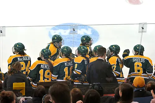 2014 NCAA Women's D1 Ice Hockey Frozen Four 2014 Clarkson - Minnesota- #11 Vanessa Plante celebrates at the bench; Copyright 2014 Angelo Lisuzzo (Angelo Lisuzzo)