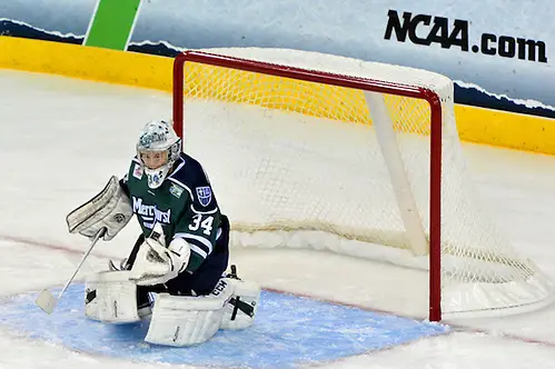 2014 NCAA Women's D1 Ice Hockey Frozen Four 2014 Mercyhurst - Clarkson- #34 Amanda Makela had a busy game with 30 saves and 4 goals against; Copyright 2014 Angelo Lisuzzo (Angelo Lisuzzo)