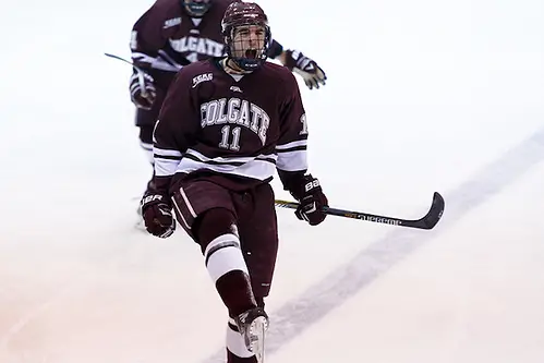 Photo By: (c) Shelley M. Szwast 2013 Jake Kulevich (Colgate - 11) celebrates his first period goal. ((c) Shelley M. Szwast 2013)