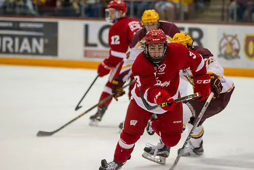Photo By: Jim Rosvold/University of Minnesota 11 Mar 16: Corbin McGuire (Wisconsin - 3). The University of Minnesota Golden Gophers host the University of Wisconsin Badgers in a B1G Conference matchup at Mariucci Arena in Minneapolis, MN (Jim Rosvold/University of Minnesota)