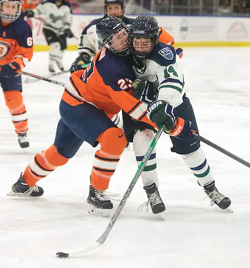 Photo By: Omar Phillips Megan Quinn (23 - Syracuse) collides with Rachael Smith (14 - Mercyhurst) (Omar Phillips)