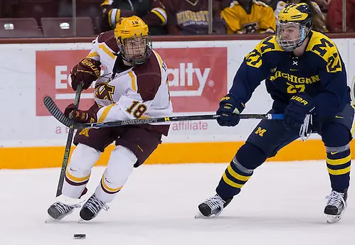 Photo By: Jim Rosvold 13 Jan 16: The University of Minnesota Golden Gophers host the University of Michigan Wolverines in a B1G matchup at Mariucci Arena in Minneapolis, MN. (Jim Rosvold)