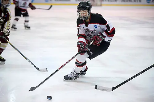 UWRF NCAA CHAMPIONSHIP Third Place 03212015 Carly Moran The University of Wisconsin-River Falls Falcons play the Norwich Cadets in the NCAA Division III Women's Ice Hockey Championship third place game Saturday held at the Ronald B. Stafford Ice Arena in Plattsburgh, NY. Kathy M Helgeson/UWRF Communications (Kathy M Helgeson/UW-River Falls)