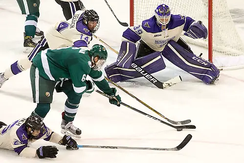 Photo By: Jim Rosvold/USHCO.com 11 Nov 16: Michael Bigelbach (Minnesota State - 14), Jay Dickman (Bemidji State - 6)The Minnesota State University Mavericks host the Bemidji State University Beavers in a WCHA matchup at the Verizon Wireless Center in Mankato, MN. (Jim Rosvold/USHCO.com)