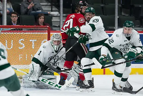Photo By: Jim Rosvold 27 Jan 17: The Saint Cloud State University Huskies play against the Bemidji State University Beavers in a quarterfinal game of the North Star College Cup at the Xcel Energy Center in St. Paul, MN. (Jim Rosvold)