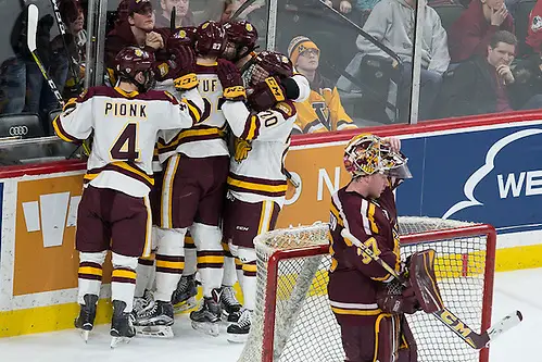 Photo By: Jim Rosvold 27 Jan 17: The University of Minnesota Golden Gophers play against the University of Minnesota Duluth Bulldogs in a quarterfinal game of the North Star College Cup at the Xcel Energy Center in St. Paul, MN. (Jim Rosvold)