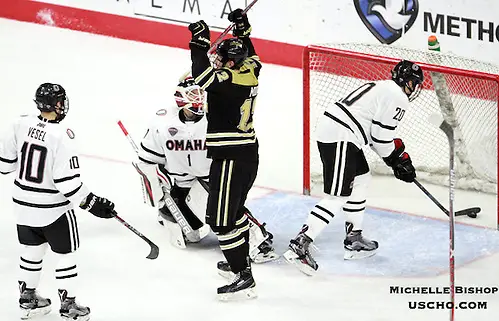 Photo By: Michelle Bishop Western Michigan's Aidan Muir celebrates his goal during the third period. Omaha beat Western Michigan 6-3 Saturday night at Baxter Arena. (Photo by Michelle Bishop) (Michelle Bishop)