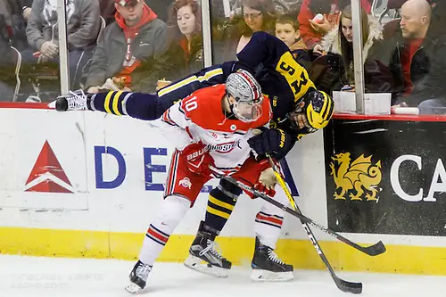 Photo By: Rachel Lewis FEB 25, 2017: John Wiitala (OSU - 10), Griffin Luce (UM - 5). The #12 Ohio State Buckeyes get shut out 1-0 by the University of Michigan Wolverines at the Schottenstein Center in Columbus, OH. (Rachel Lewis)