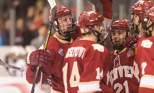 Photo By: Bradley K. Olson Tariq Hammond (Denver-3) Jarid Lukosevicius (Denver-14) Michael Davies (Denver-21) 17 Jan.20 Denver Pioneers and St. Cloud State University meet in a NCHC conference match-up at theHerb Brooks National Hockey Center (Bradley K. Olson)