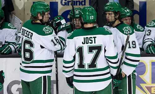 Photo By: Bradley K. Olson Brock Boeser (North Dakota-16) Tyson Jost (North Dakota-17) Shane Gersich (North Dakota-19) 17 Feb.25 University Nebraska Omaha and the University of North Dakota meet in a NCHC game at the Ralph Engelstad Arena in Grand Forks, ND (Bradley K. Olson)