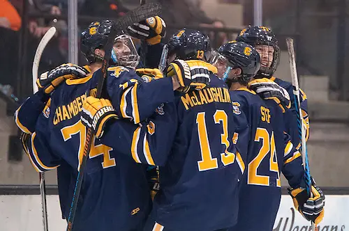 Photo By: Omar Phillips Canisius players celebrate a third period goal in a 3-1 win at RIT (Omar Phillips)