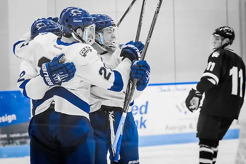 Ryan Bloom, Brady Fleurent, and Trevor Fleurent of the University of New England. The B-F-F (Bloom-Fleurent-Fleurent) line at the University of New England has already celebrated 51 goals between them in 2016-17. (Photo by David Bates - Photografix Studio)