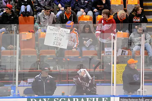 2011-12-09 Potsdam - Utica 2011 DIII Potsdam vs Utica - Potsdam #10 Matt Viola is welcomed to the sin bin by the Utica fans; Copyright 2011 Angelo Lisuzzo (Angelo Lisuzzo)
