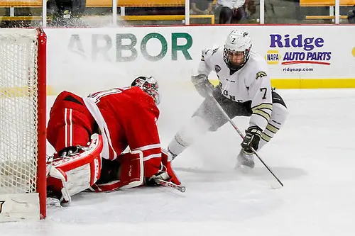 Nov 5, 2016: Matheson Iacopelli (WMU - 7), Ryan Larkin (Miami - 31) The Western Michigan Broncos beat the visiting Miami RedHawks 5-2 at Lawson Ice Arena in Kalamazoo, MI. Nov 5, 2016: Matheson Iacopelli (WMU - 7), Ryan Larkin (Miami - 31) The Western Michigan Broncos beat the visiting Miami RedHawks 5-2 at Lawson Ice Arena in Kalamazoo, MI. (Rachel Lewis)