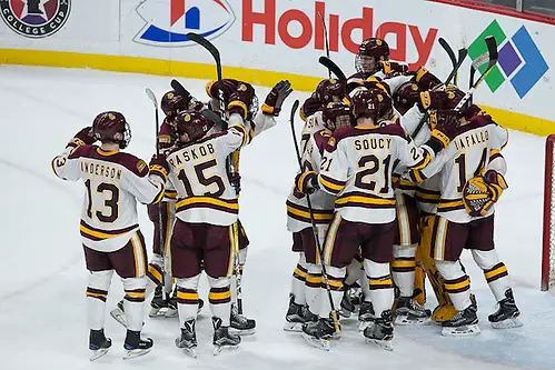 Photo By: Jim Rosvold 27 Jan 17: The University of Minnesota Golden Gophers play against the University of Minnesota Duluth Bulldogs in a quarterfinal game of the North Star College Cup at the Xcel Energy Center in St. Paul, MN. (Jim Rosvold)