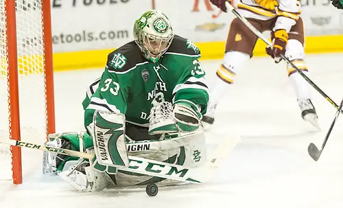 Photo By: Bradley K. Olson Cam Johnson (North Dakota-33) 16 Feb. 19 University of North Dakota and University of Minnesota Duluth meet in a NCHC conference match-up at the Ralph Engelstad Arena in Grand Forks, ND (Bradley K. Olson)