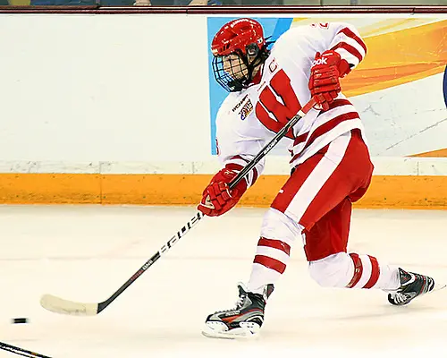 Photo By: 2012 Dave Harwig Wisconsin's Hilary Knight fires a slapshot during the NCAA Frozen Four Championship Game in Duluth Sunday afternoon. (2012 Dave Harwig)