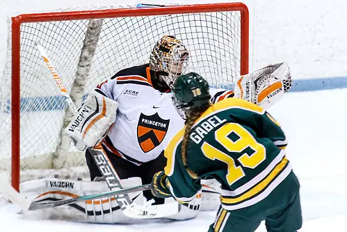 Photo By: Shelley M. Szwast Kimberly Newell ( Princeton - 33) makes a save on Loren Gabel (Clarkson - 19). (Shelley M. Szwast)