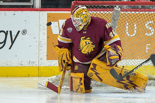 Photo By: Jim Rosvold 28 Jan 17: Hunter Miska (Minnesota Duluth - 35). The University of Minnesota Duluth Bulldogs play against the St. Cloud State University Huskies in the Championship game of the North Star College Cup at the Xcel Energy Center in St. Paul, MN.). The University of Minnesota Duluth Bulldogs play against the St. Cloud State University Huskies in the Championship game of the North Star College Cup at the Xcel Energy Center in St. Paul, MN. (Jim Rosvold)