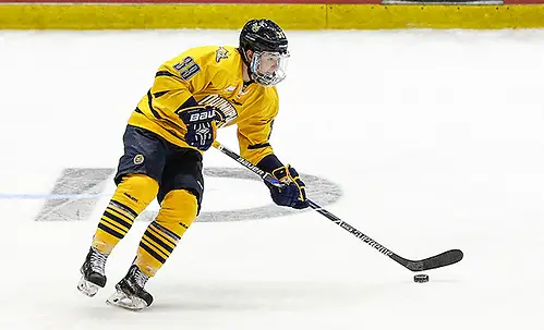 NCAA HOCKEY: MAR 19 Harvard v Quinnipiac March 19, 2016: Quinnipiac Bobcats forward Andrew Taverner (39) skates with the puck during 2016 ECAC Tournament Championship game between Harvard University and Quinnipiac University at Herb Brooks Arena in Lake Placid, NY. (John Crouch/J. Alexander Imaging)