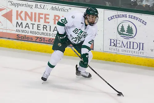 Photo By: Jim Rosvold/USCHO.com 9 Jan 15: Brett Beauvais (Bemidji State - 28). The Bemidji State University Beavers host the University of Alabama-Huntsville Chargers in a WCHA conference matchup at the Sanford Center in Bemidji, MN. (Jim Rosvold/USCHO.com)