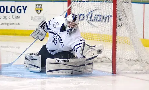 Photo By: Omar Phillips Connecticut's Matt Grogan had 29 saves in a 4-1 loss to Mercyhurst (Omar Phillips)