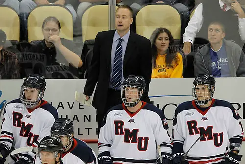 HOCKEY/ Robert Morris coach Derek Schooley. RMU mens hockey v Air Force at Consol Energy Center. Photo by Jason Cohn (JASON COHN/RMU ASSIGNED)