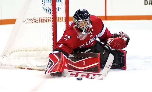 Photo By: Omar Phillips Kyle Hayton of St. Lawrence had 23 saves in a 5-2 loss at RIT (Omar Phillips)