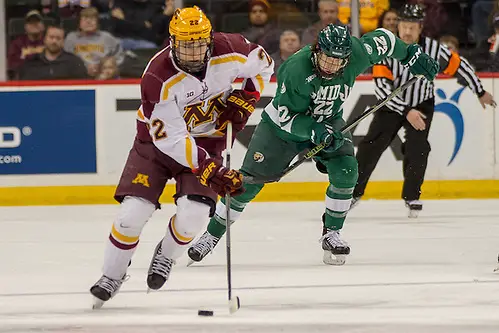 Photo By: Jim Rosvold 23 Jan 16: Tyler Sheehy (Minnesota - 22), Charlie O'Connor (Bemidji State - 22). The University of Minnesota Golden Gophers play against the Bemidji State University Beavers in a North Star College Cup semifinal matchup at the Xcel Energy Center in St. Paul, MN. (Jim Rosvold)