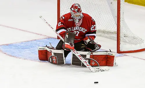 NCAA HOCKEY: MAR 18 St. Lawrence v Harvard March 18, 2016: St. Lawrence Saints goalie Kyle Hayton (27) makes save during 2016 ECAC Tournament Semifinal game between St. Lawrence University and Harvard University at Herb Brooks Arena in Lake Placid, NY. (John Crouch/J. Alexander Imaging)