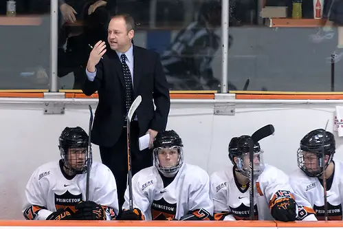 Photo By: Shelley M. Szwast Princeton Head Coach Ron Fogarty (Colgate '95) motions to players prior to a face off. (Shelley M. Szwast)