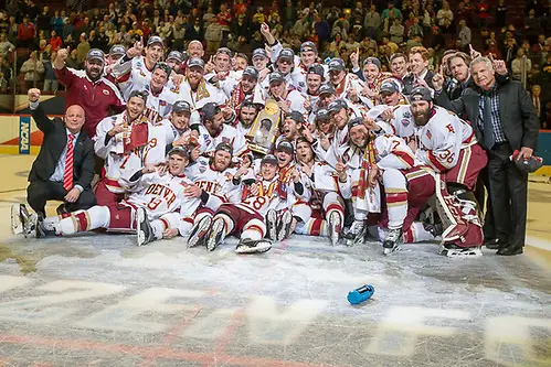 Photo By: Jim Rosvold 8 Apr 17: The Denver University Pioneers play against the University of Minnesota Duluth Bulldogs in the National Championship game of the 2017 NCAA Men's Division I Frozen Four at the United Center in Chicago, IL. (Jim Rosvold)
