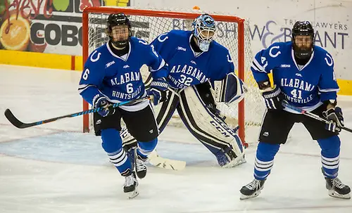 Photo By: Bradley K. Olson Sean Rappleyea (Alabama Huntsville-6 ) Jordan Uhelski (Alabama Huntsville- 32 Brandon Carlson (Alabama Huntsville- 41)16 October 28 Alabama Huntsville and St. Cloud State University meet in a non conference contest at the Herb Brooks National Hockey Center (Bradley K. Olson)