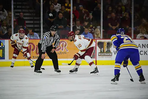 Jaakko Heikkinen of Denver Jaakko Heikkinen of Denver readies for a faceoff. Denver vs. Lake Superior at Magness Arena, 10/20/2017. (Candace Horgan)