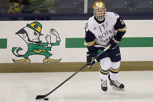 Icebreaker 10 Oct 14: Jordan Gross (Notre Dame - 3) The University of Norte Dame Fighting Irish host the Rensslaer Polytechnic Institute in the second game of the 2014 Icebreaker at the Compton Family Ice Center in South Bend, IN. (Jim Rosvold)