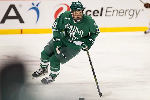 Photo By: Jim Rosvold 23 Jan 16: Brendan Harms (Bemidji State - 18). The University of Minnesota Golden Gophers play against the Bemidji State University Beavers in a North Star College Cup semifinal matchup at the Xcel Energy Center in St. Paul, MN. (Jim Rosvold)
