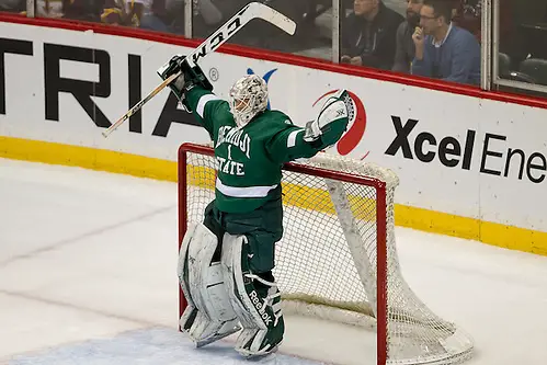 Photo By: Jim Rosvold 23 Jan 16: Michael Bitzer (Bemidji State - 1). The University of Minnesota Golden Gophers play against the Bemidji State University Beavers in a North Star College Cup semifinal matchup at the Xcel Energy Center in St. Paul, MN. The University of Minnesota Golden Gophers play against the Bemidji State University Beavers in a North Star College Cup semifinal matchup at the Xcel Energy Center in St. Paul, MN. (Jim Rosvold)