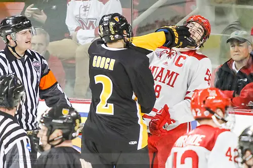 Photo By: Rachel Lewis/©Rachel Lewis NOV 4, 2017: Trevor Gooch (CC - 2), Louie Belpedio (MIA - 58). The Miami RedHawks lose to the Colorado College Tigers 2-1 Satuday, November 4, 2017 at Steve Cady Arena in Oxford, OH. (Rachel Lewis/©Rachel Lewis)