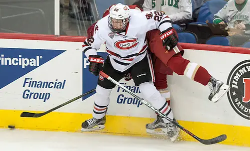 Photo By: Bradley K. Olson Jimmy Schuldt (SCSU-22) 16 March 18 St. Cloud State University and Denver University National Collegiate Hockey Conference Tournament match-up at the Target Center in Minneapolis, Minnesota (Bradley K. Olson)