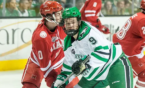 Photo By: Bradley K. Olson Ben Lown (Miami of Ohio-10) Dixon Bowen North Dakota-9) 2017 Nov. 11 The University of North Dakota hosts Miami of Ohio in a NCHC matchup at the Ralph Engelstad Arena in Grand Forks, ND (Bradley K. Olson)