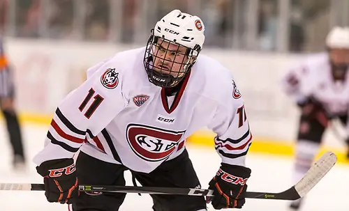 Photo By: Bradley K. Olson Ryan Poehling (SCSU-11) 2017 Nov. 17 St. Cloud State University hosts Colorado College in a NCHC game at the Herb Brooks National Hockey Center St. Cloud (Bradley K. Olson)