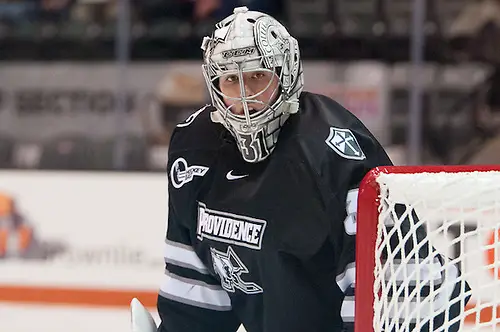 Photo By: Omar Phillips Hayden Hawkey (31 - Providence) had 36 saves in a 5-1 win at RIT (Omar Phillips)