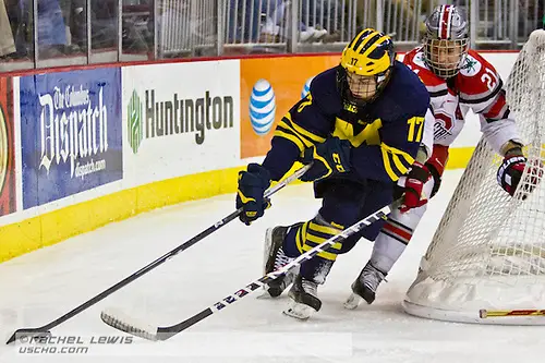 2015 FEB 20: Tony Calderone (UM - 17), Sam Jardine (OSU - 21) The Ohio State Buckeyes beat the University of Michigan Wolverines 5-3 at Value City Arena in Columbus, OH. 2015 FEB 20: Tony Calderone (UM - 17), Sam Jardine (OSU - 21) The Ohio State Buckeyes beat the University of Michigan Wolverines 5-3 at Value City Arena in Columbus, OH. (©Rachel Lewis)