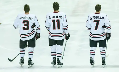 Photo By: Bradley K. Olson Jack Poehling (SCSU-3) Ryan Poehling (SCSU-11) Nick Poehling (SCSU-7) 2017 Nov. 17 St. Cloud State University hosts Colorado College in a NCHC game at the Herb Brooks National Hockey Center St. Cloud (Bradley K. Olson)