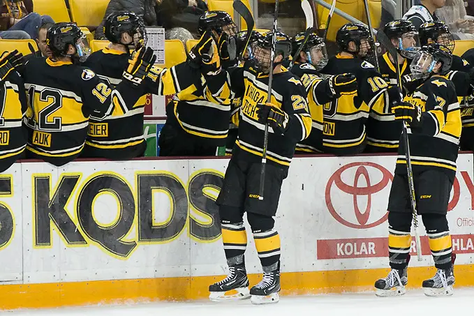 Photo By: Jim Rosvold/USCHO.com 7 Oct 17: The University of Minnesota Duluth Bulldogs host the Michigan Tech Huskies play against in the 2017 Icebreaker Tournament at Amsoil Arena in Duluth, MN. (Jim Rosvold/USCHO.com)