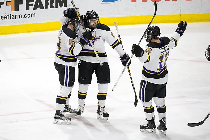 Photo By: Jim Rosvold 15 Dec 17: Max Coatta (Minnesota State - 12), Brad McClure (Minnesota State - 19), Josh French (Minnesota State - 26). The Minnesota State University Mavericks host the University of Alabama-Huntsville in the a WCHA matchup at Verizon Wireless Center in Mankato, MN. (Jim Rosvold)